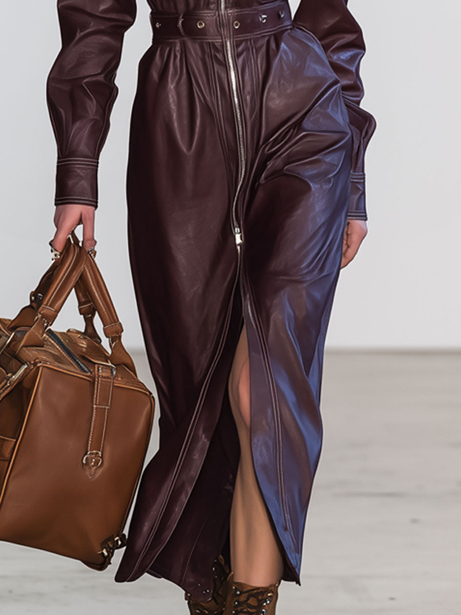 Casual Vintage Burgundy Faux Leather Long Sleeve Tie Zipper Midi Dress