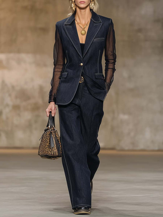 Exquisite Casual Single-button Organza Long-sleeved Dark Blue Denim Suit