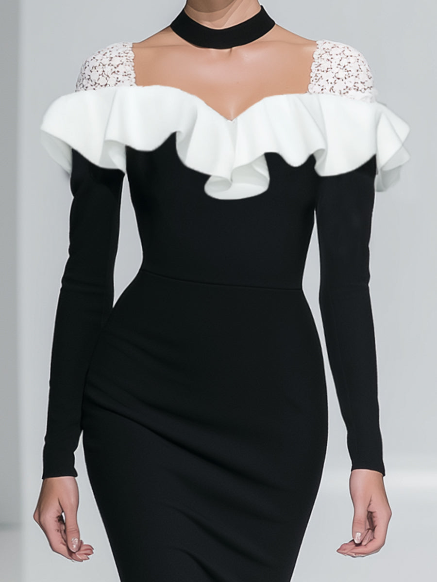 Elegant Classic Lace Shoulder Ruffle Black Fishtail Midi Dress
