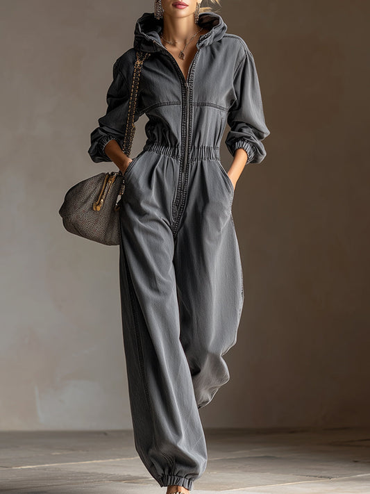 Casual Loose Fashionable Hooded Gray Denim Long-Sleeved Jumpsuit