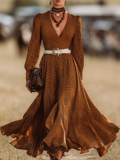 Brown Leopard Print V-neck Flared Maxi Dress
