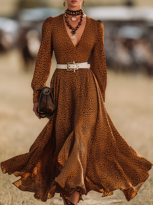 Brown Leopard Print V-neck Flared Maxi Dress