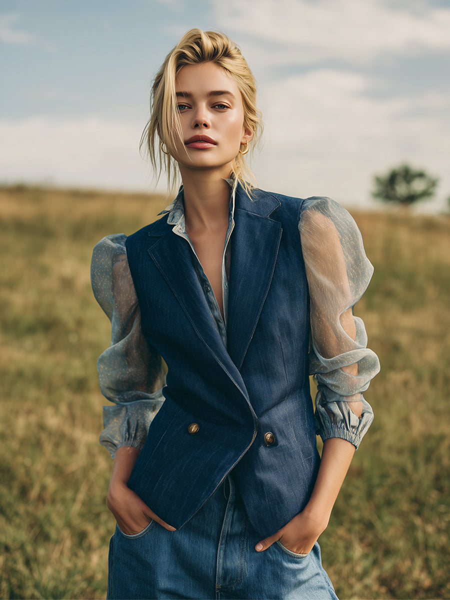 Elegant And Fashionable Blue Imitation Denim Organza Long-sleeved Jacket