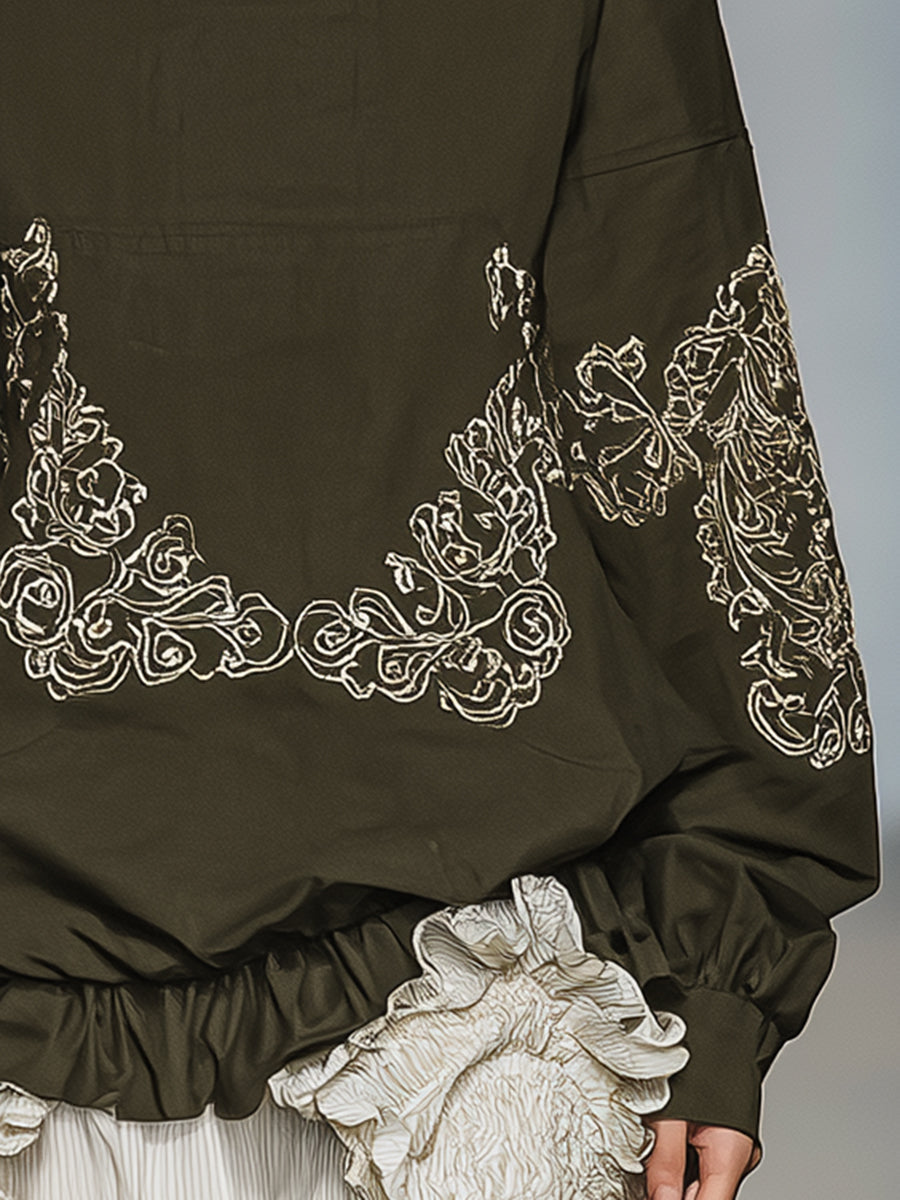 Casual And Fashionable Olive Green Embroidered Pattern Ruffled Hem Hooded Sweatshirt