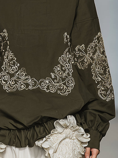 Casual And Fashionable Olive Green Embroidered Pattern Ruffled Hem Hooded Sweatshirt