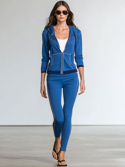 Casual Stretch Lycra Royal Blue Hooded Culottes Sports Yoga Set