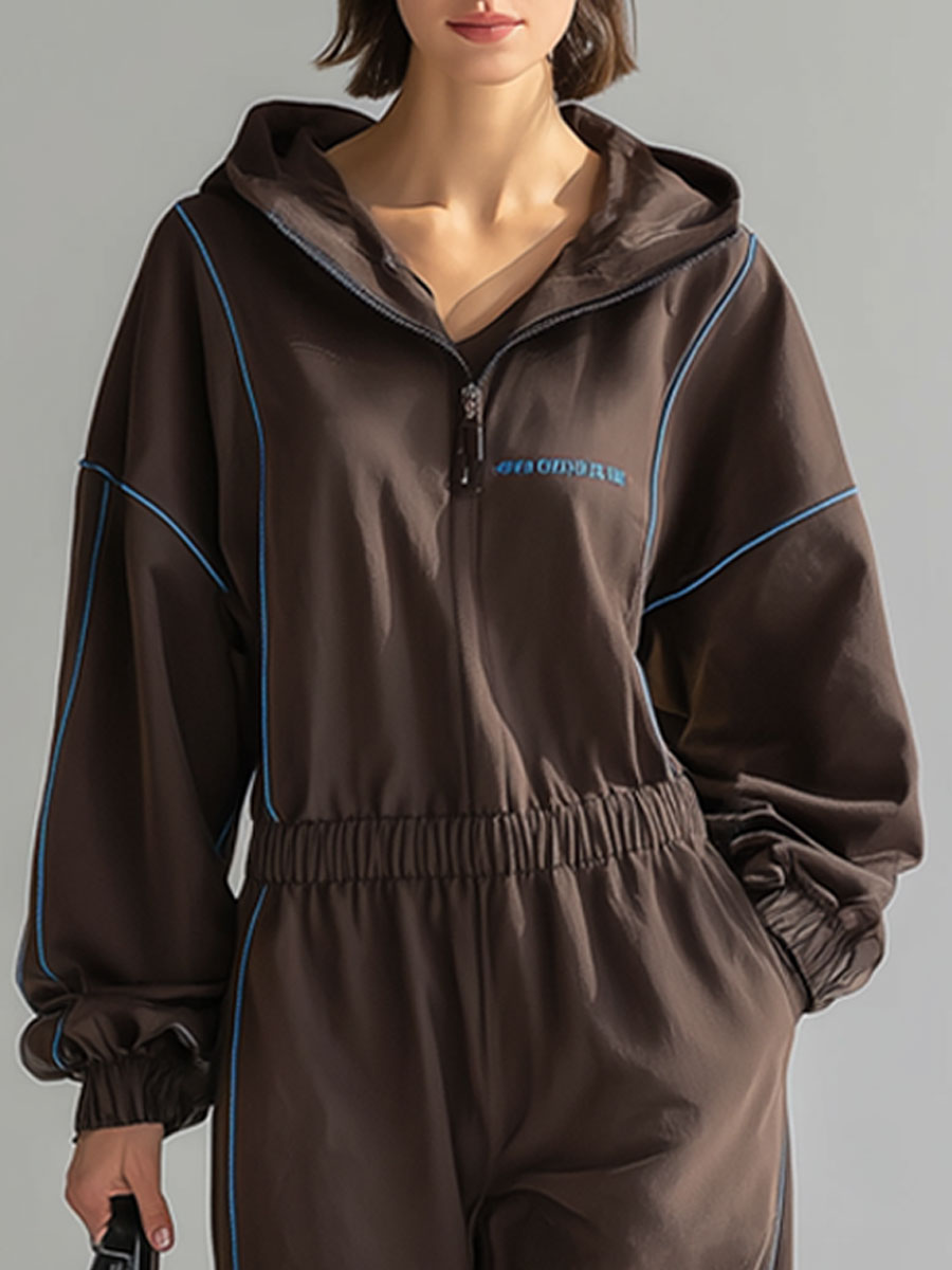 Casual Retro Long Sleeve Hooded Embroidered Blue Trim Cocoa Brown Sports Jumpsuit