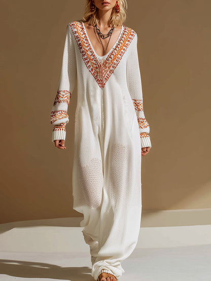 Elegant Loose White Paisley Pattern V-Neck Breathable Knitted Long-Sleeved Jumpsuit