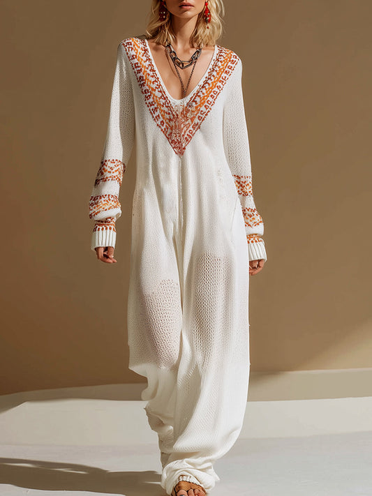 Elegant Loose White Paisley Pattern V-Neck Breathable Knitted Long-Sleeved Jumpsuit