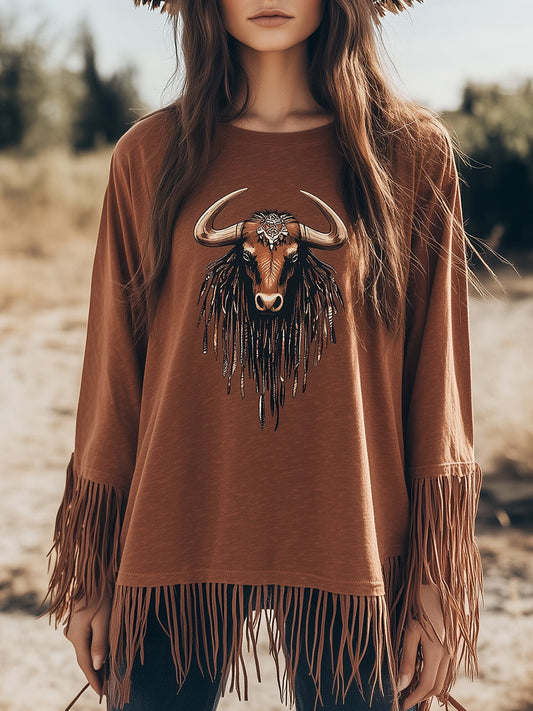 Bohemian Western Vintage Bull Head Pattern Brown Tassel Top