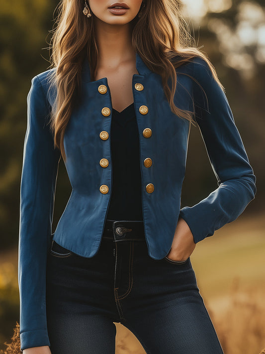 Fashion Blue Suede Button-embellished Bomber Jacket