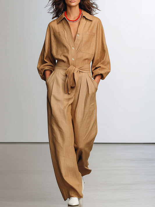 Cotton And Linen Multi-Pocket Lace-Up Long-Sleeved Wide-Leg Jumpsuit