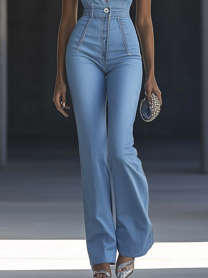 【24-hour shipping out】Simple and Fashionable V-neck Sleeveless Tight Light Blue Denim Jumpsuit