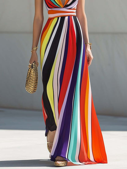 Elegant Flowing V-neck Rainbow Stripe Print Chiffon Maxi Dress