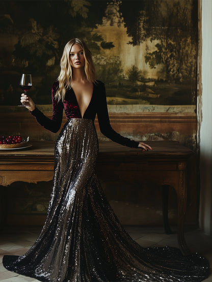 【24-hour shipping out】V-Neck Stylish Elegant Solid Color Velvet Sequined Long Maxi Dress