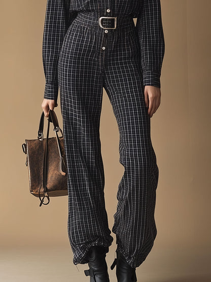 Casual Retro Long-Sleeved Shirt-Style Black And White Plaid Lace-Up Jumpsuit