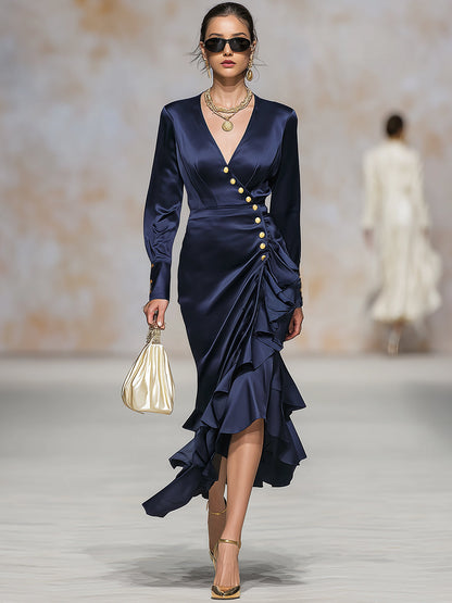 Elegant And Fashionable V-neck Dark Blue Satin Gold Button Ruffled Midi Dress