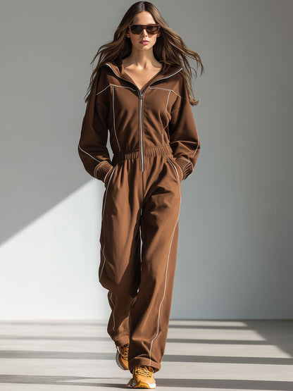 Casual Retro White Trim Cocoa Brown Zipper Long-Sleeved Sports Jumpsuit