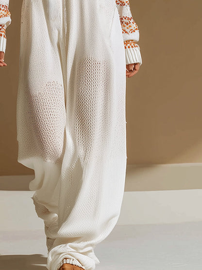 Elegant Loose White Paisley Pattern V-Neck Breathable Knitted Long-Sleeved Jumpsuit