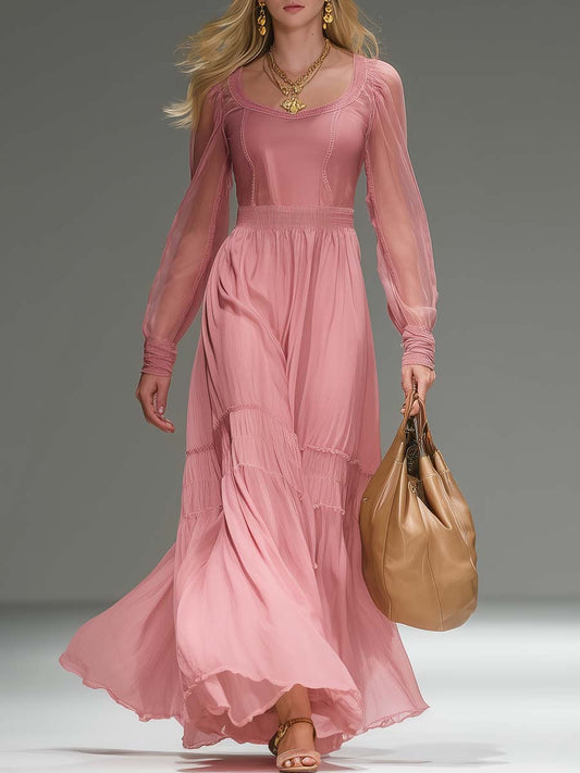 Exquisite Vintage Western Round Neck Transparent Long Sleeve Pink Chiffon Maxi Dress
