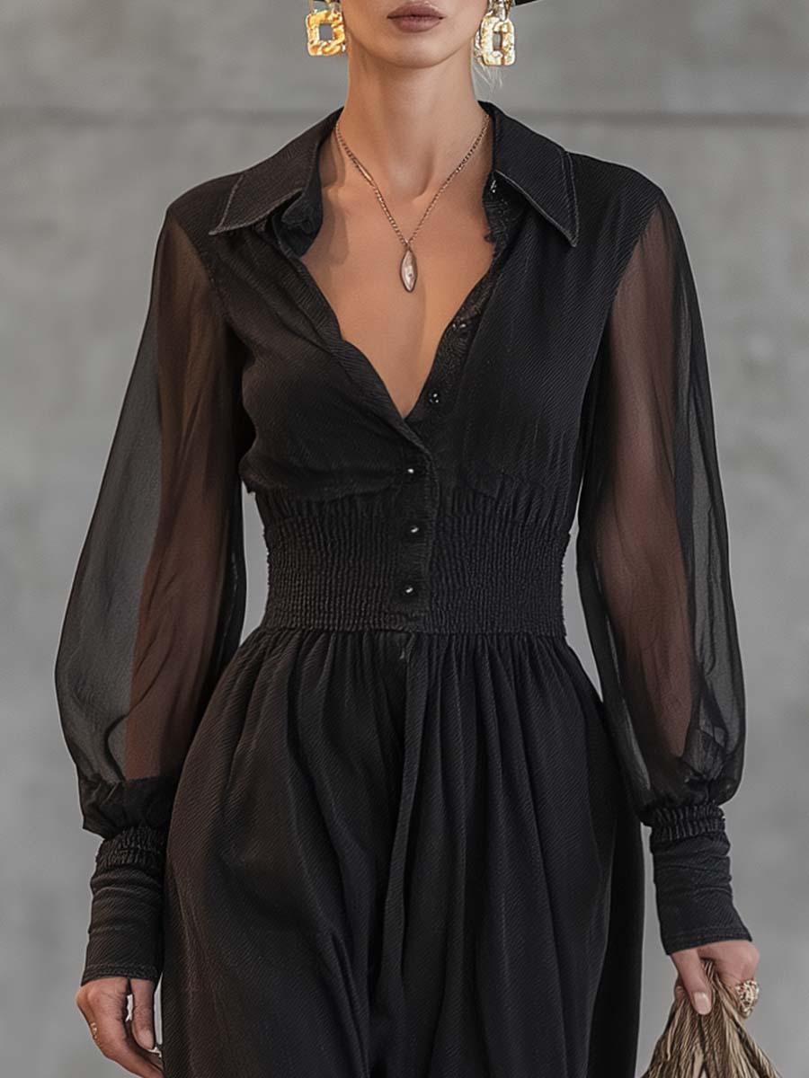Exquisite Casual Retro Front Button Transparent Long Sleeve Waist Black Cotton Maxi dress