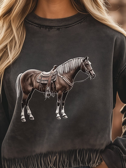 Casual Loose Grey Round Neck Horse Pattern Sweatshirt