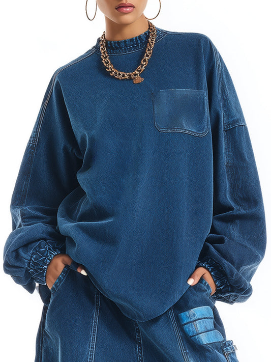 Casual Loose Denim Crew Neck Sweatshirt