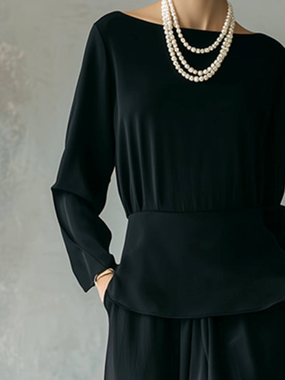 Classic Deconstructed Black Chiffon Long Sleeve Maxi Dress