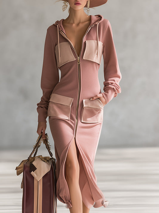 Elegant Casual Dry Pink Hooded Pocket Zipper Sweatshirt Long Sleeve Maxi Dress