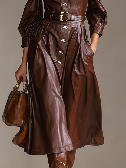 Elegant Faux Leather Off-the-shoulder Long-sleeved Button Midi Dress