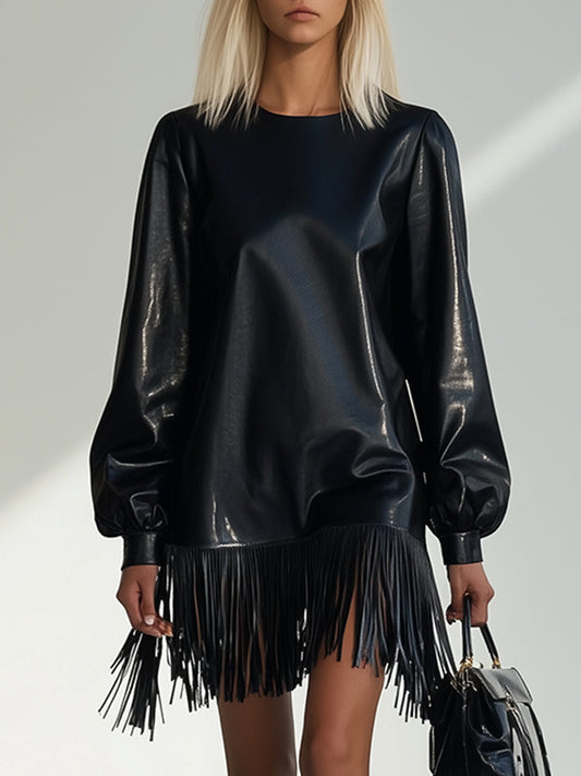 Fashion Loose Black Shiny PU Long Sleeve Tassel Mini Dress