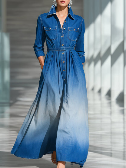 Fashion Casual Gradient Blue Denim Long-sleeved Shirt Maxi Dress