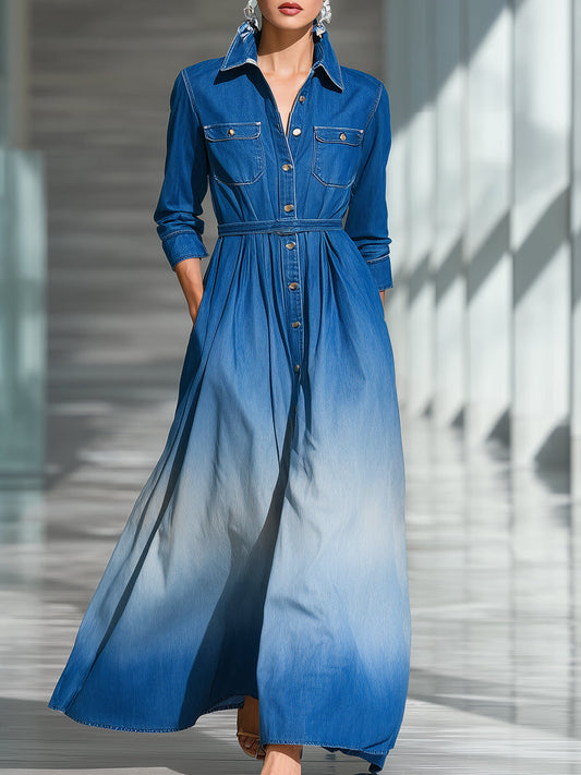 Fashion Casual Gradient Blue Denim Long-sleeved Shirt Maxi Dress