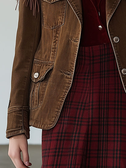 Chaqueta vaquera con borlas y múltiples bolsillos de color marrón cacao de estilo vintage occidental 