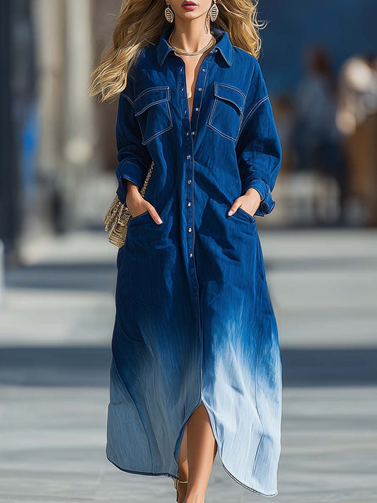 Casual Fashion Western Front Button Blue And White Gradient Denim Loose Shirt Style Maxi Dress