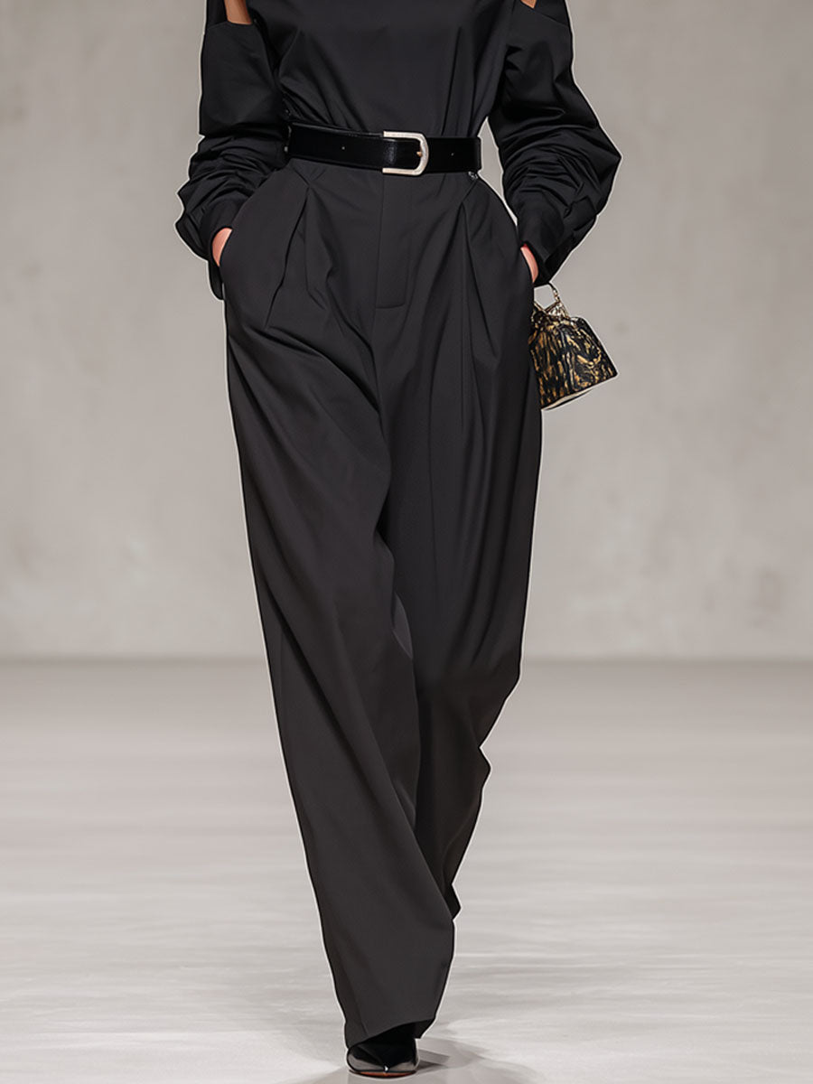 Black Turtleneck Cold Shoulder Long-sleeved T-shirt And Wide-leg Pants Set