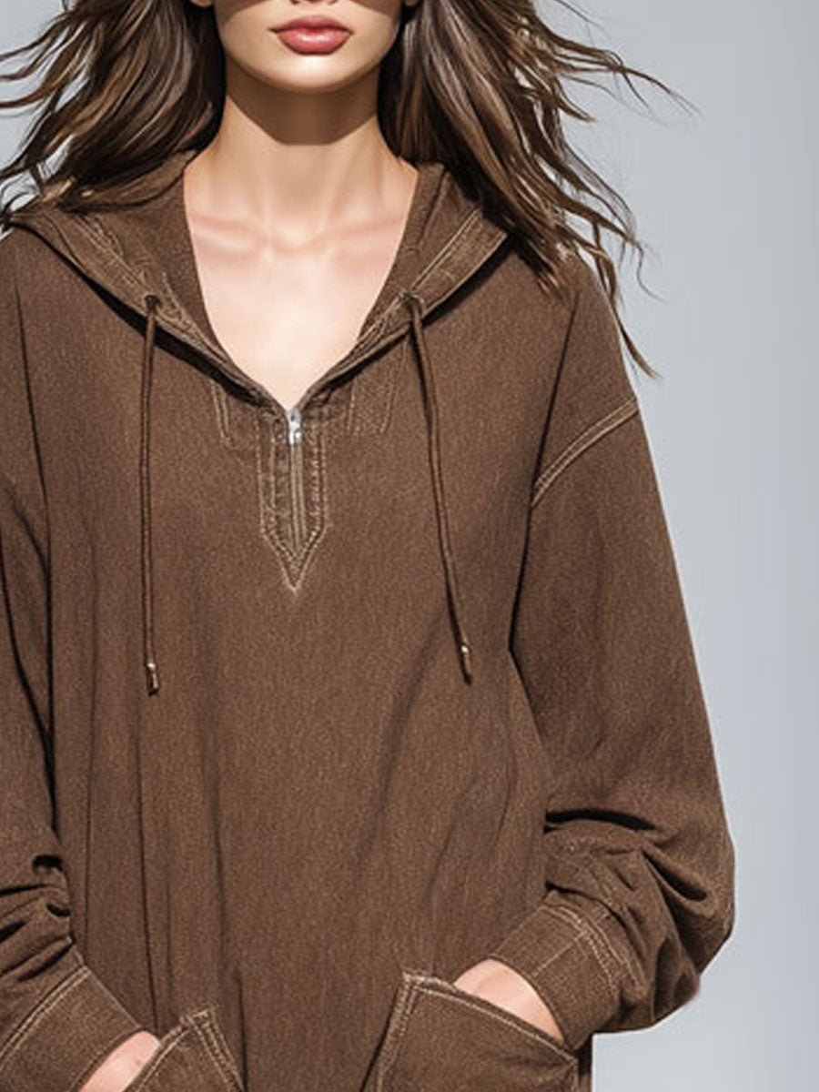Casual Vintage Brown Denim Hooded Sweatshirt Mini Dress