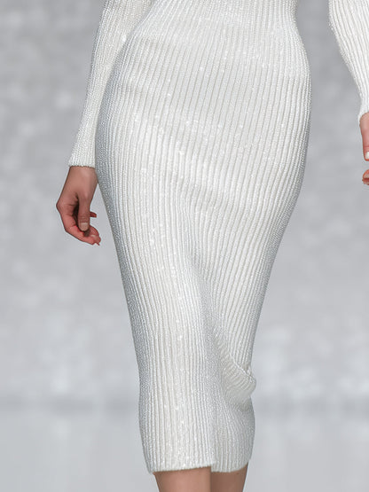 Elegant Shimmering Knitted One-shoulder Three-dimensional Flower Midi Dress