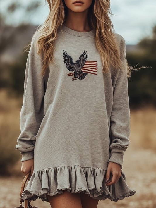 Casual Grey Sweatshirt Round Neck Embroidered Mini Dress