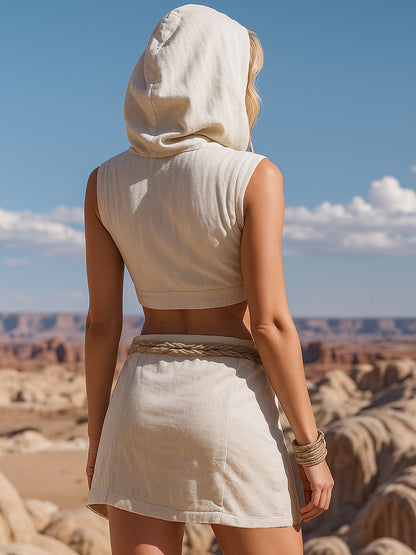 Envío en 24 horas: Traje beige de algodón y lino con falda con borlas y capucha estilo Wasteland retro y moderno. 