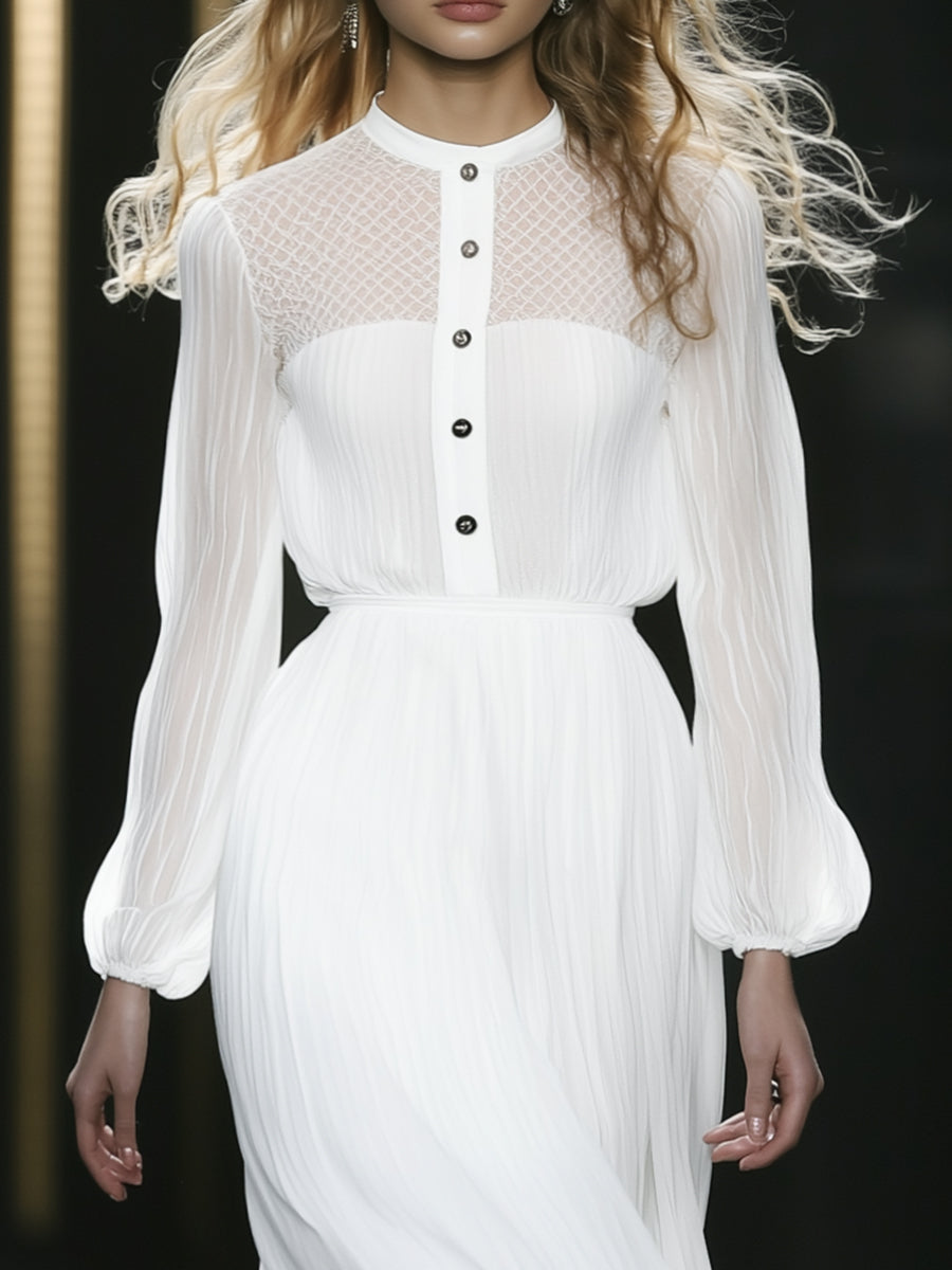 Elegant And Romantic Long-sleeved Textured Chiffon White Midi Dress