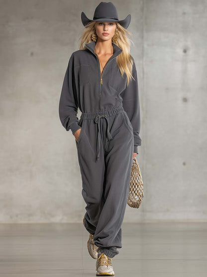 Casual Fashion Sports Sense Stand Collar Front Zipper Waist Elastic Loose Gray Jumpsuit