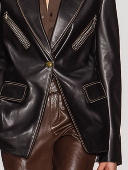 Casual Vintage Black Faux Leather Blazer