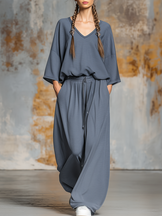 Casual Loose V-neck Top Wide-leg Pants Sports Suit
