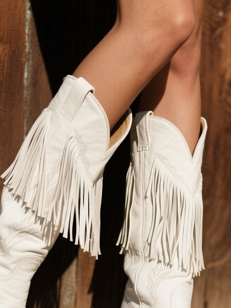 Botas vaqueras de cuero con borlas bordadas estilo western para mujer