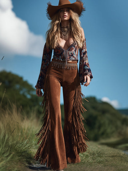 Brown Suede Flared Western Fringed Hem Pants