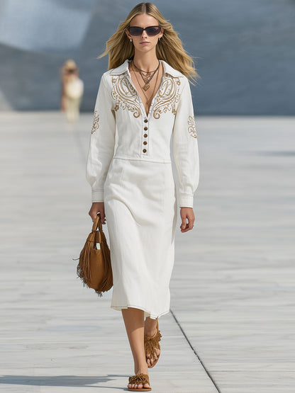 Casual Vintage Paisley Embroidered White Cotton Long-Sleeved Midi Dress