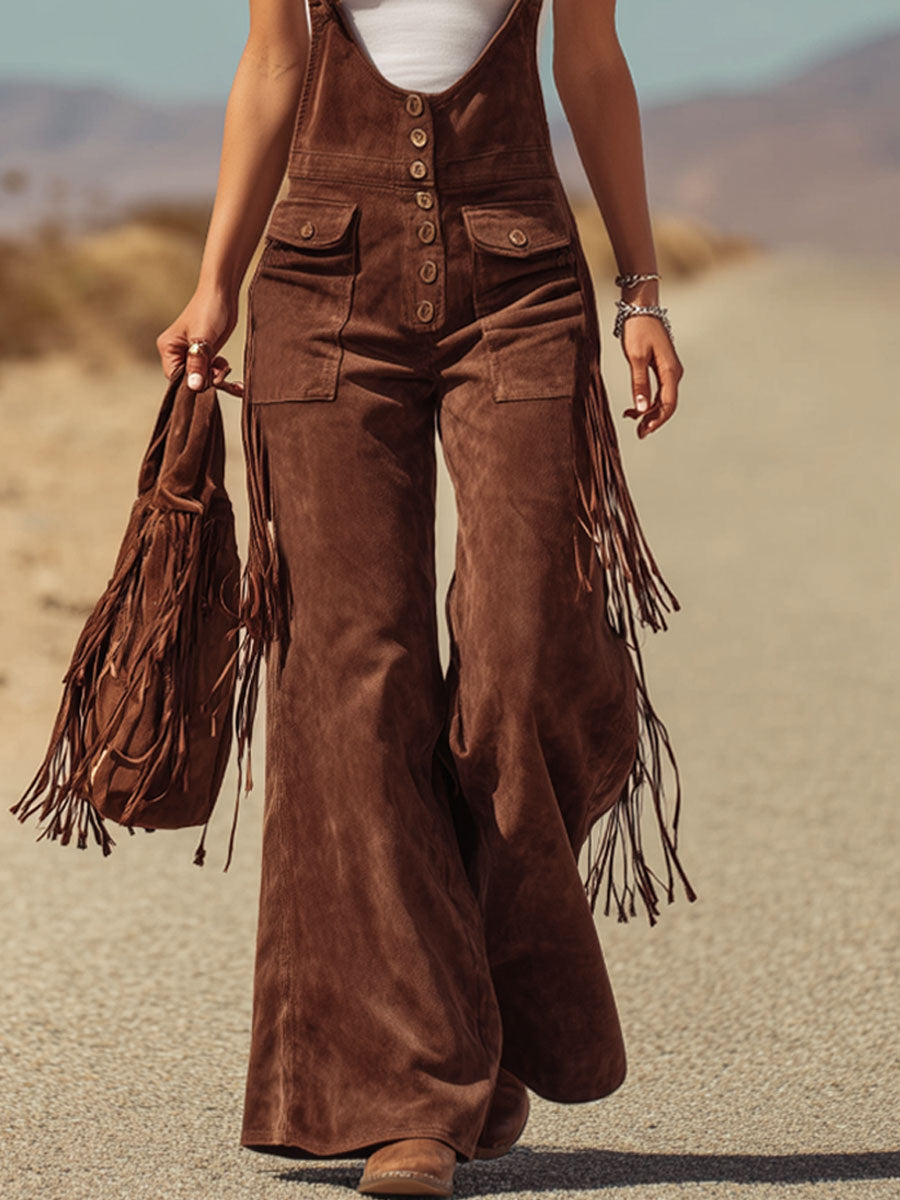 Brown Micro-suede Pocket Tassel Wide-leg Overalls