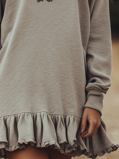 Casual Grey Sweatshirt Round Neck Embroidered Mini Dress