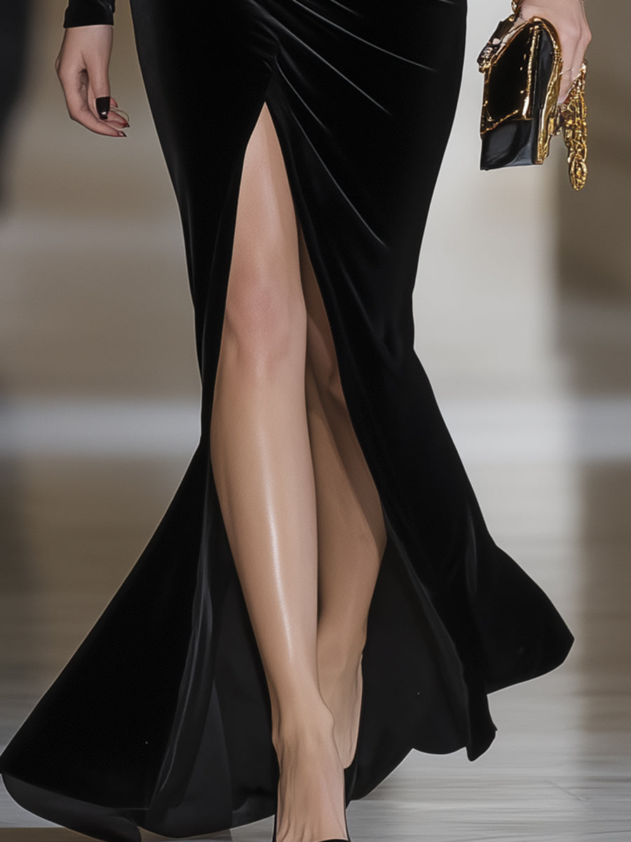 Designer Black Velvet V-neck Slit Maxi Dress